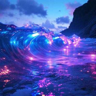 The primary subject of the image is a large, purple wave crashing on the beach. The setting is a beach with a mountain in the background. The visual style is a combination of a photo and digital art, creating a unique and vibrant atmosphere. The dominant colors are purple and blue, with the purple wave being the most prominent feature in the scene.